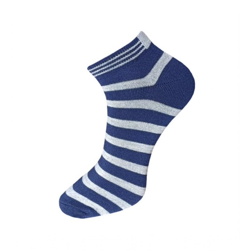 Navy & white striped cotton ankle socks, 3-pair set, casual style.