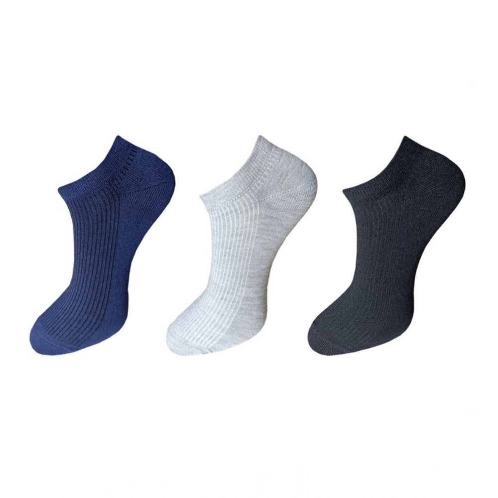 Unisex cotton socks, 3 pairs, ribbed design, ankle length, navy & grey.
