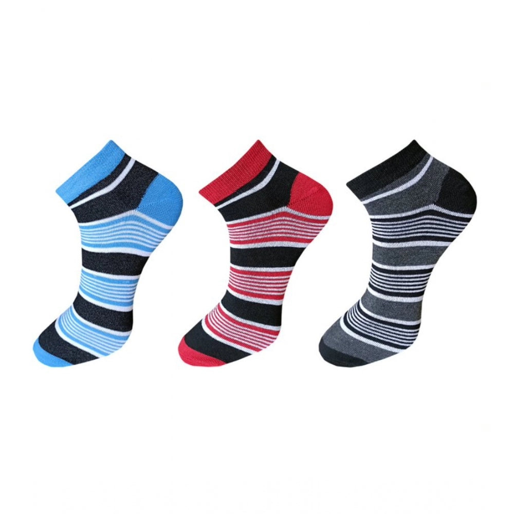 Multicolor striped cotton unisex casual ankle socks set (3 pairs) on display