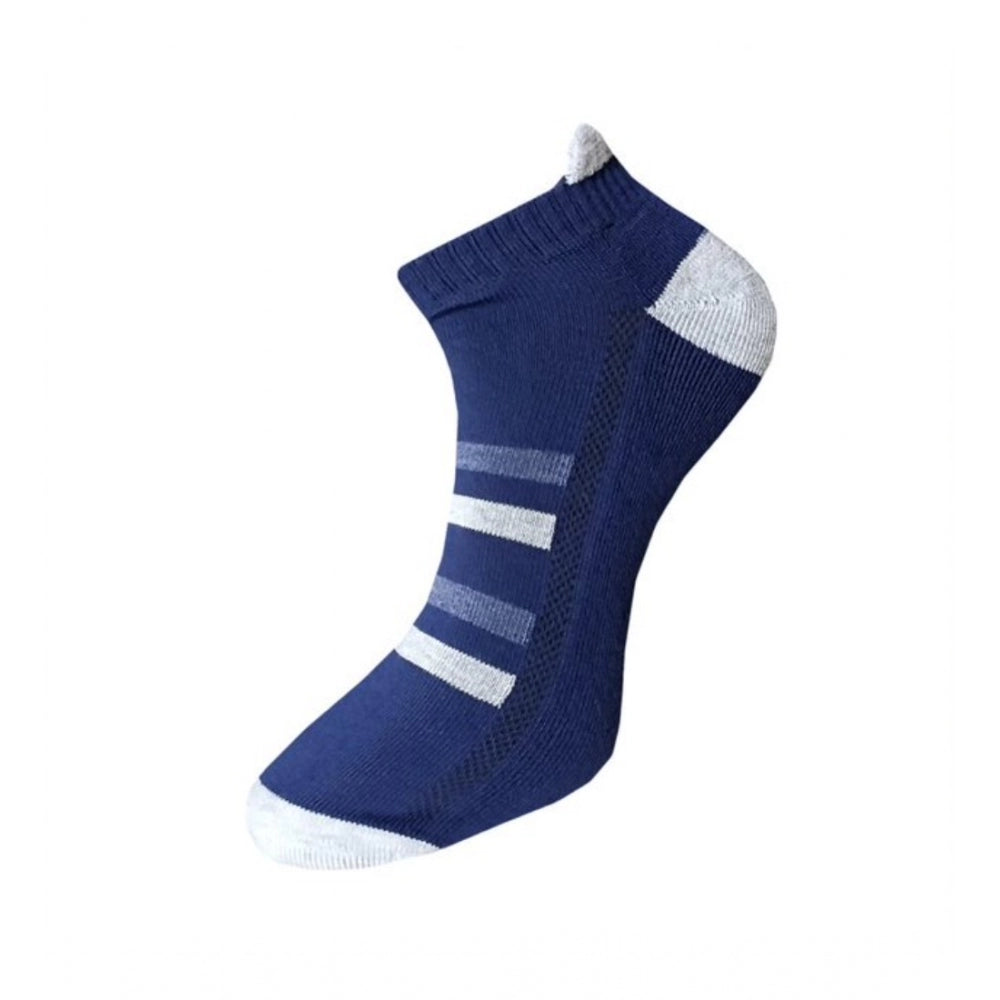 Blue cotton ankle socks with white stripes, 3-pair set, casual style.