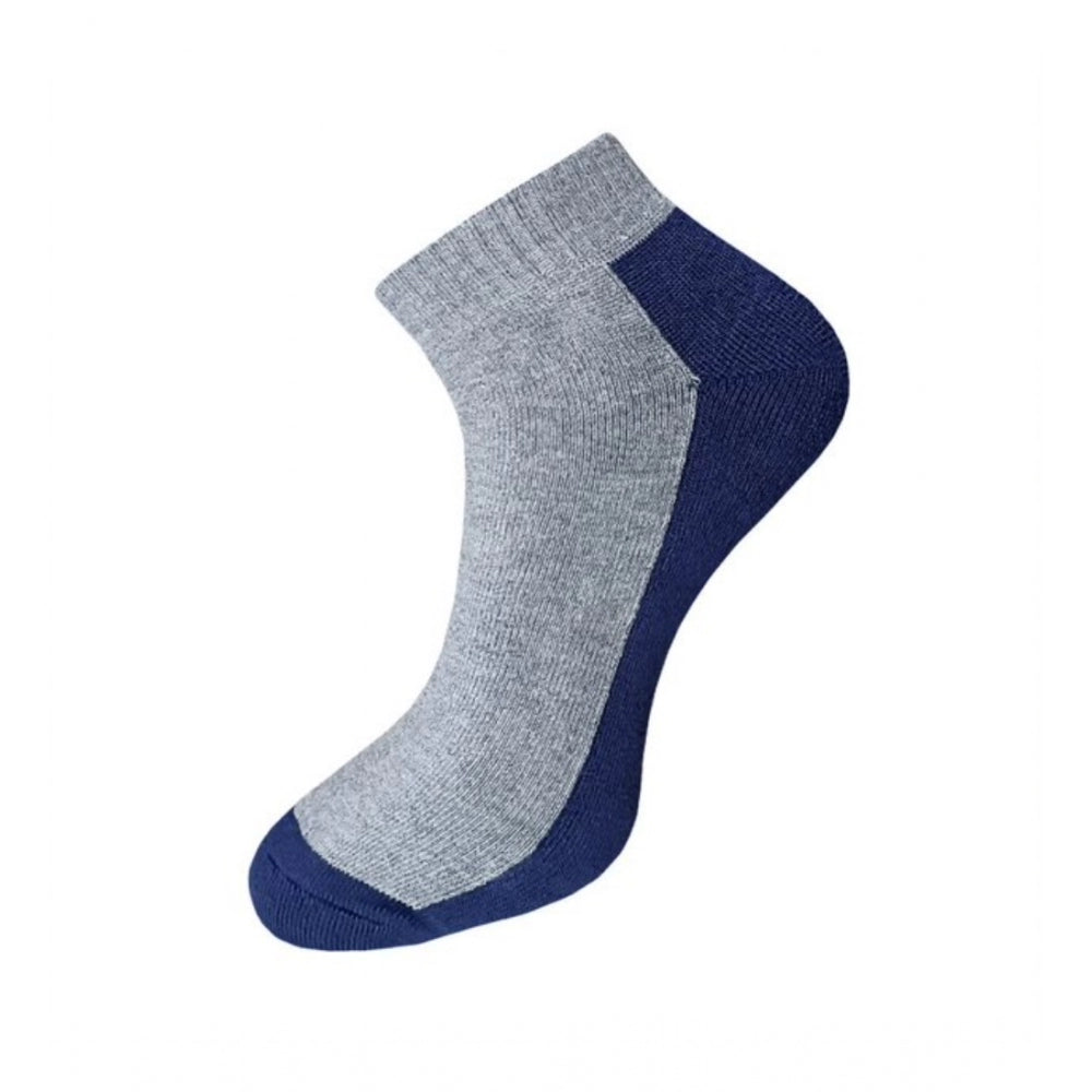 Gray cotton ankle socks with navy blue heel, unisex casual sock set.