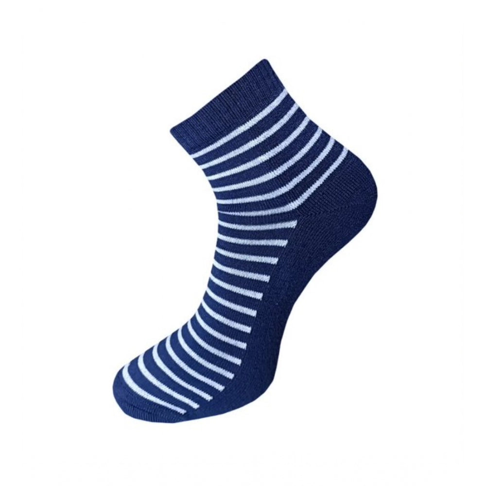 Navy striped cotton ankle socks, 3-pair set, casual, printed, comfortable.