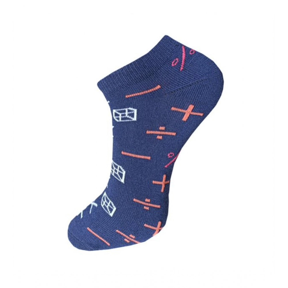 Blue cotton ankle socks with a multicolor striped pattern.