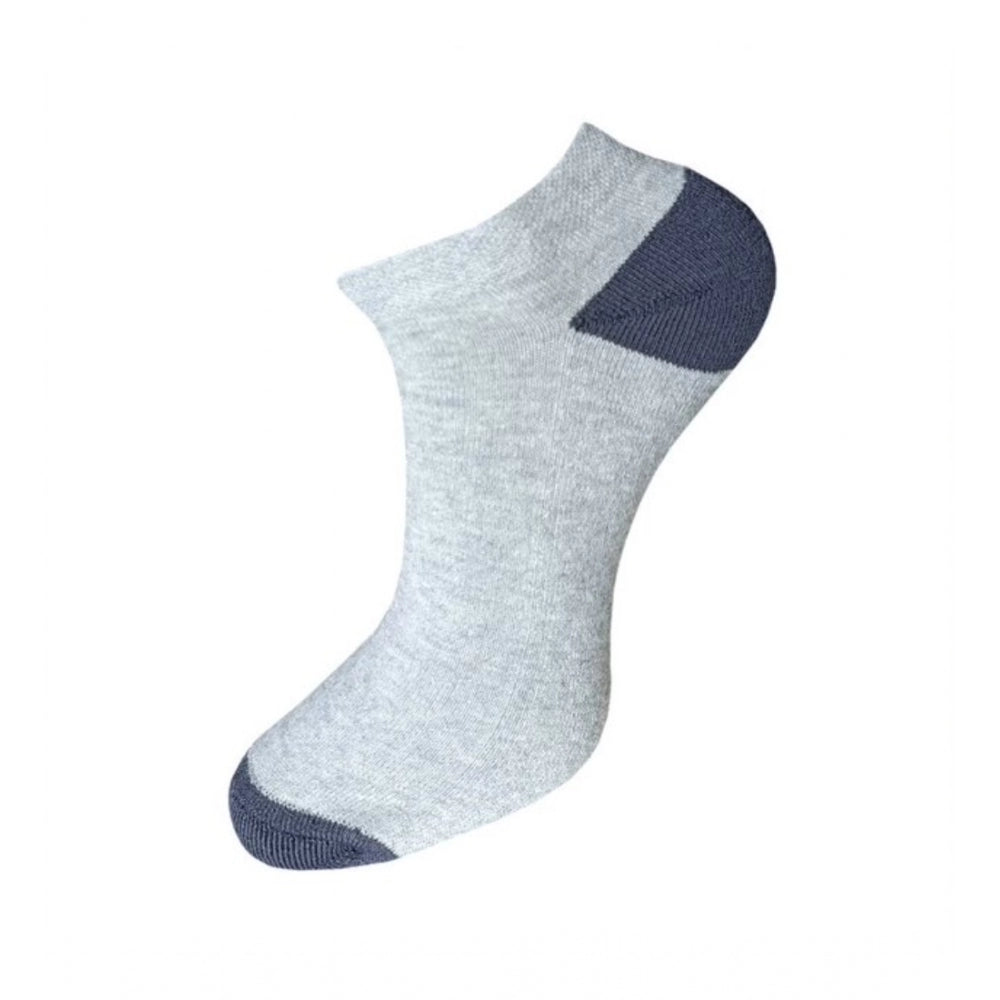 Grey cotton ankle socks with navy heel, unisex casual socks.