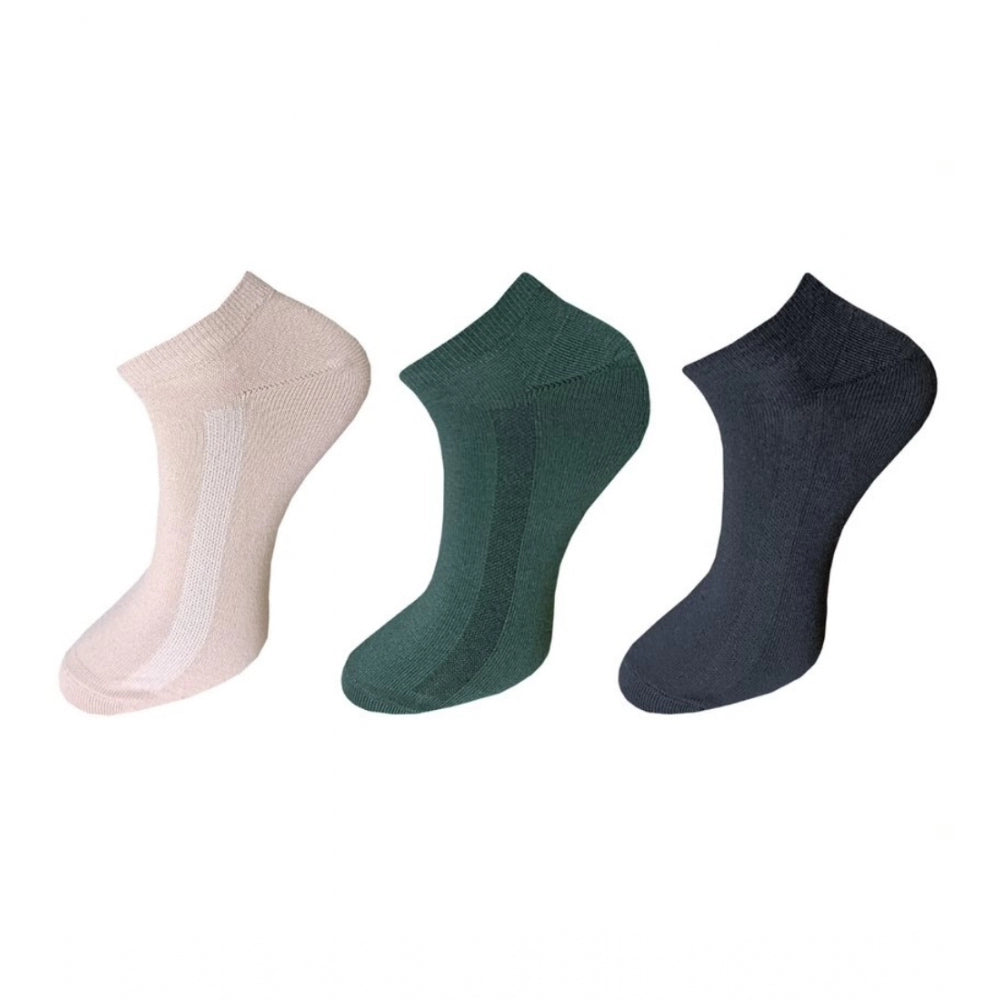 3 Unisex Cotton Ankle Socks - Beige & Black, Casual Solid Socks