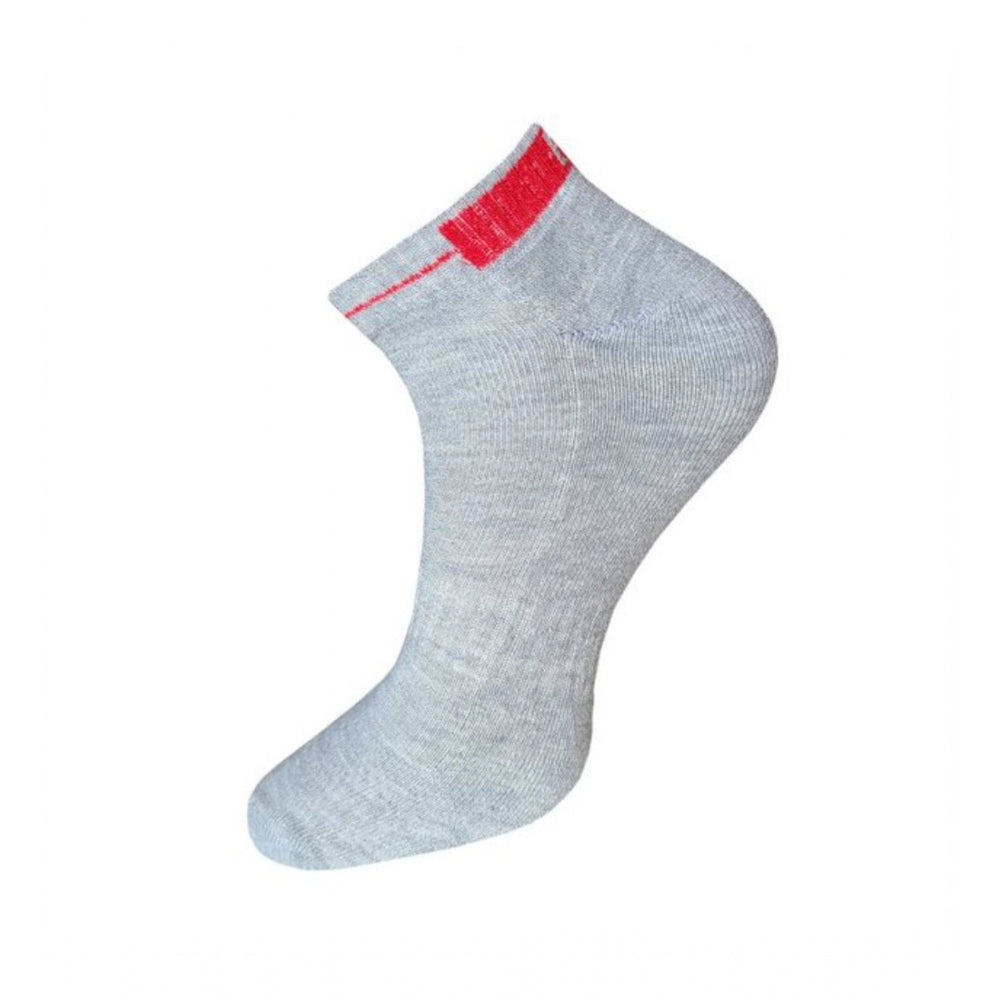 Gray cotton ankle socks with red trim, 3-pair unisex sock set.