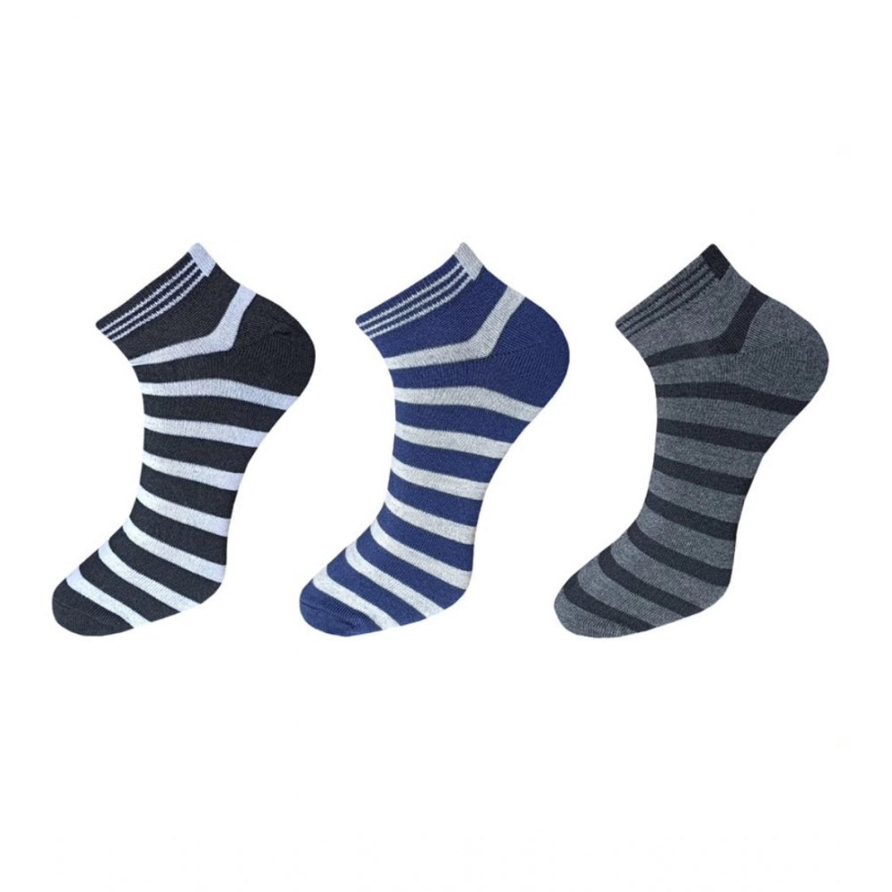 3 pair striped cotton ankle socks, navy blue & gray, casual unisex socks.
