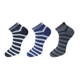 3 pair striped cotton ankle socks, navy blue & gray, casual unisex socks.