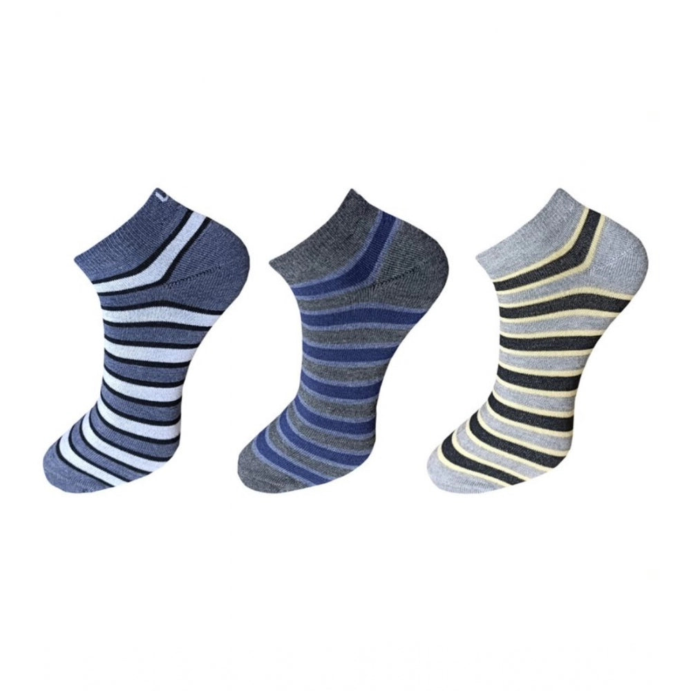 Striped cotton ankle socks (blue/gray/yellow) 3-pair set, casual style.