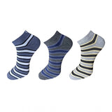Striped cotton ankle socks (blue/gray/yellow) 3-pair set, casual style.