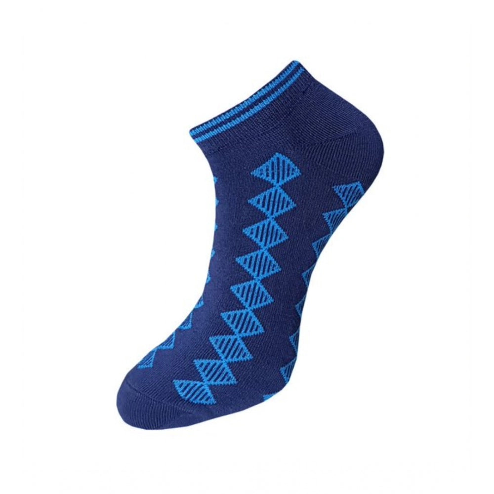 Blue patterned cotton ankle socks, 3-pair set, casual, comfortable design.