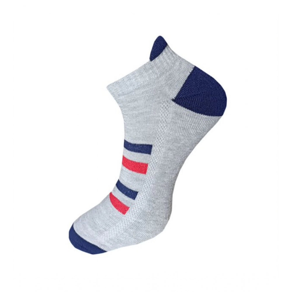 Grey cotton ankle socks with red and blue stripes, unisex sock set.