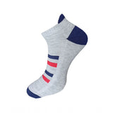 Grey cotton ankle socks with red and blue stripes, unisex sock set.