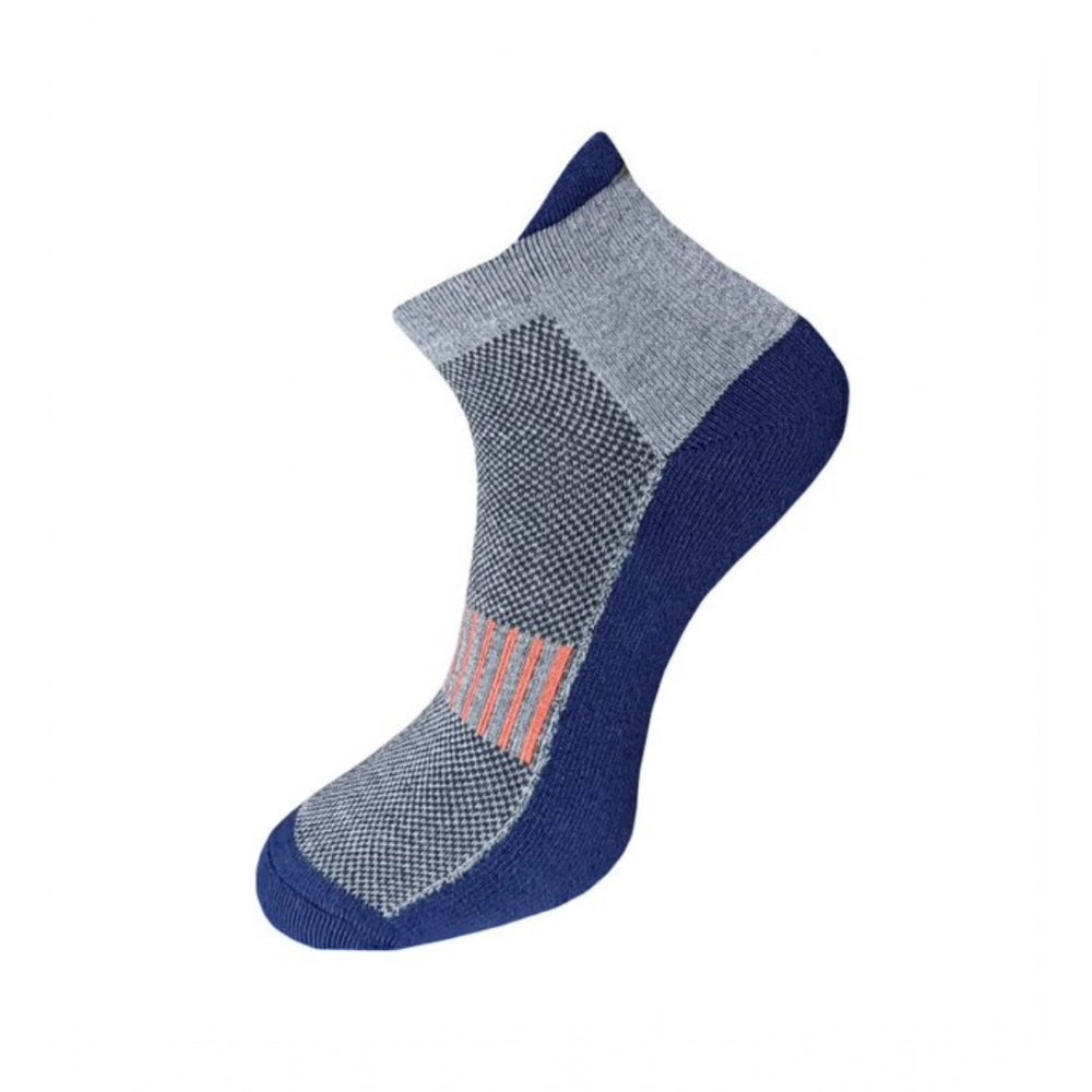Blue & gray printed ankle socks, cotton, 3-pair set, multicolor design.