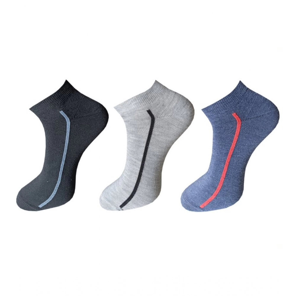 3 pair unisex cotton ankle socks, multicolor, solid, casual, with stripes.