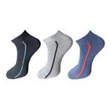 3 pair unisex cotton ankle socks, multicolor, solid, casual, with stripes.