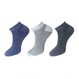 3 pair striped cotton ankle socks, blue & gray, casual comfort.