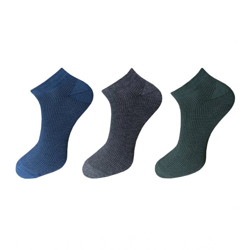 Unisex cotton ankle socks, 3-pair set, black & navy, ribbed design.