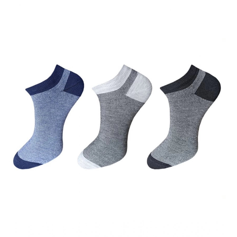 Unisex striped cotton ankle socks, 3 pairs, gray and black, casual style.