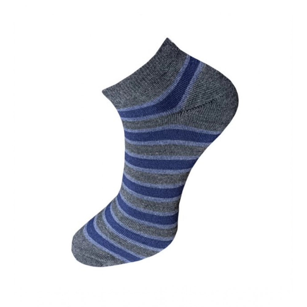 Blue and gray striped cotton ankle socks, 3-pair unisex set.