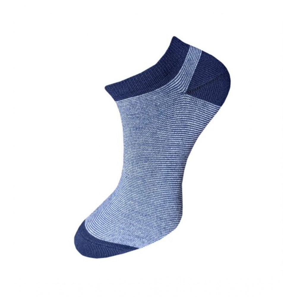 Blue & white striped cotton ankle socks, visible ribbed cuff, unisex socks.