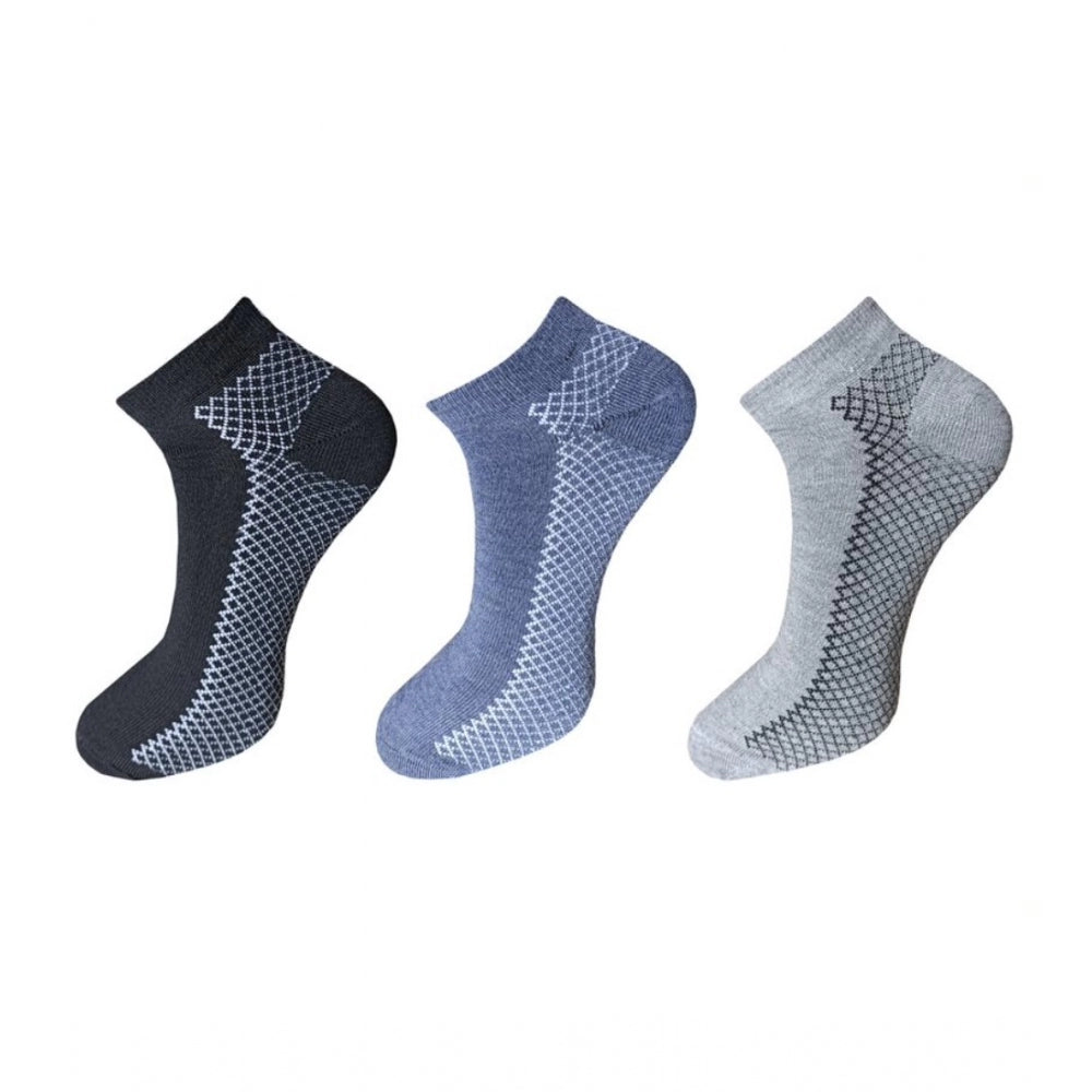 3 Unisex Cotton Socks - Blue, Gray, Black - Printed Ankle Socks