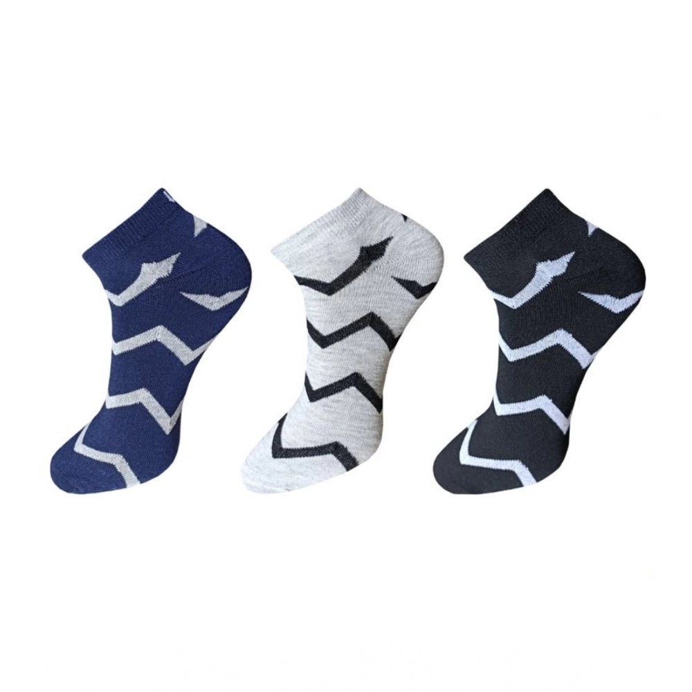 Three printed cotton ankle socks, navy and white zigzag pattern.