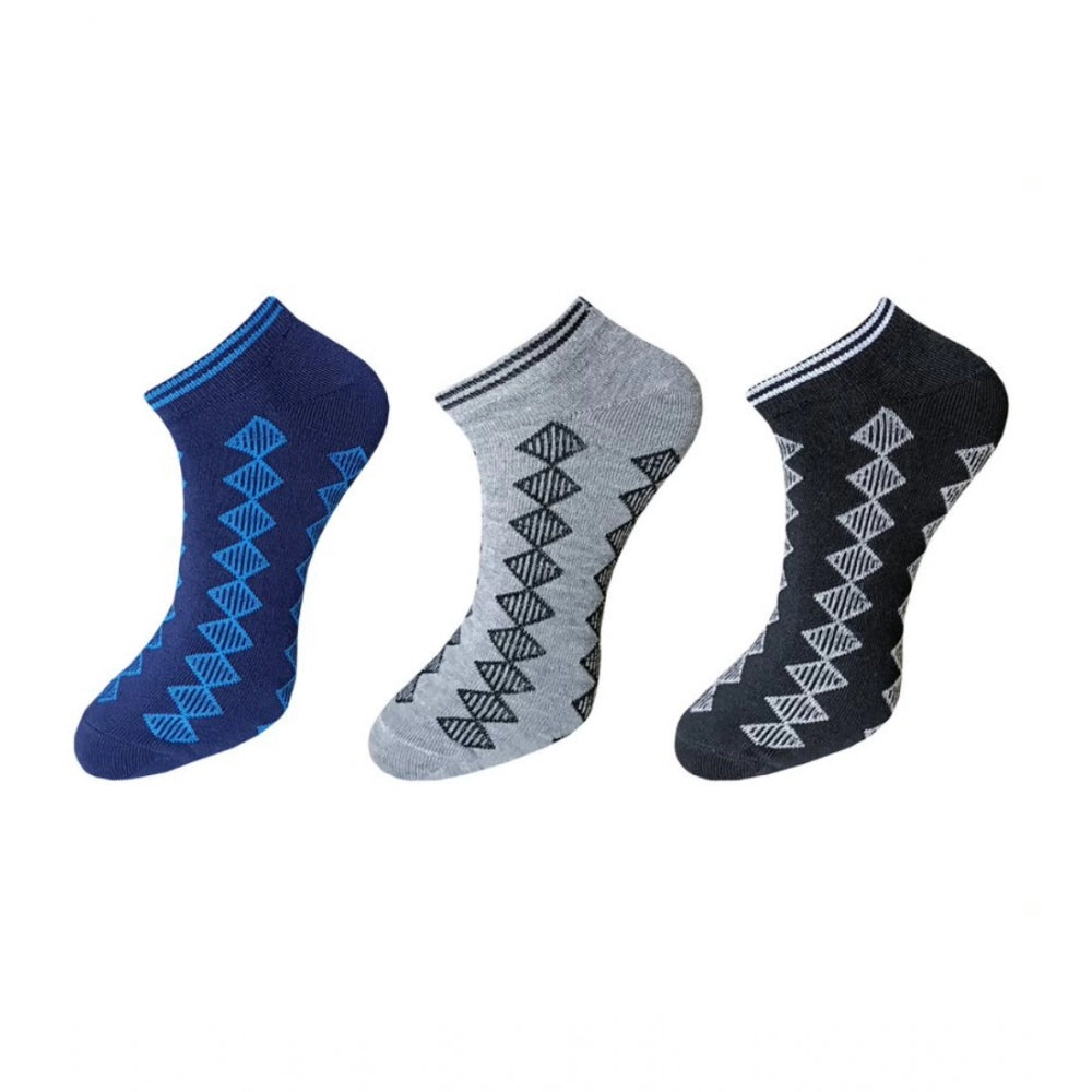 3-pair unisex cotton ankle socks, blue and grey diamond print design.