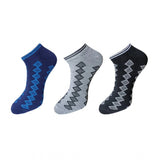 3-pair unisex cotton ankle socks, blue and grey diamond print design.