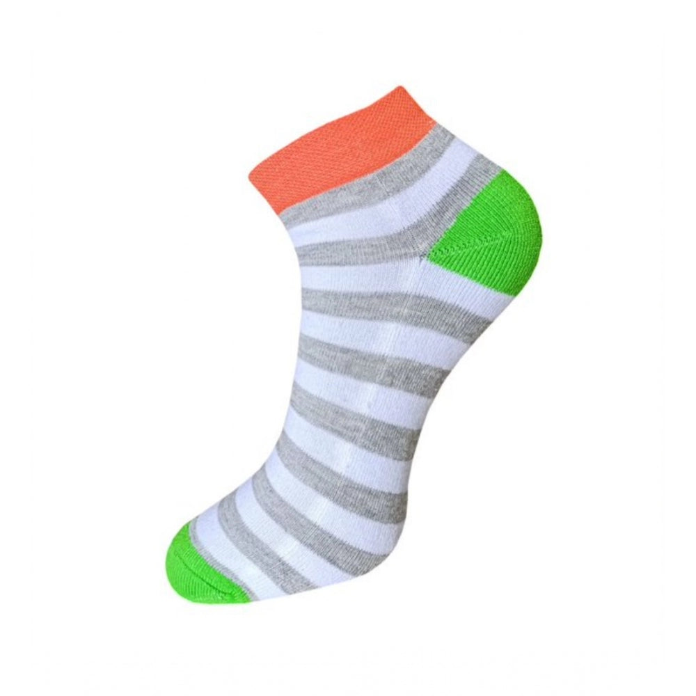 Gray striped ankle socks, multicolor, cotton, with green trim.