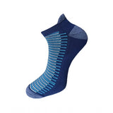 Blue striped cotton ankle socks, multi-colored, casual, cushioned heel.
