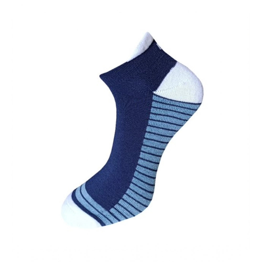 Blue striped cotton ankle socks, 3-pair set, casual style.