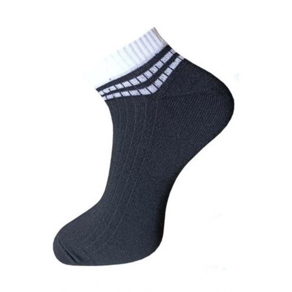 Black ribbed ankle socks with white stripes, cotton material, unisex socks.