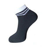 Black ribbed ankle socks with white stripes, cotton material, unisex socks.