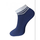 Dark blue striped ankle socks, cotton, ribbed detail, unisex sock set.