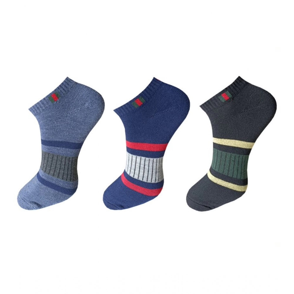 Blue cotton socks 3-pair set, ankle length, printed with stripes and logo.