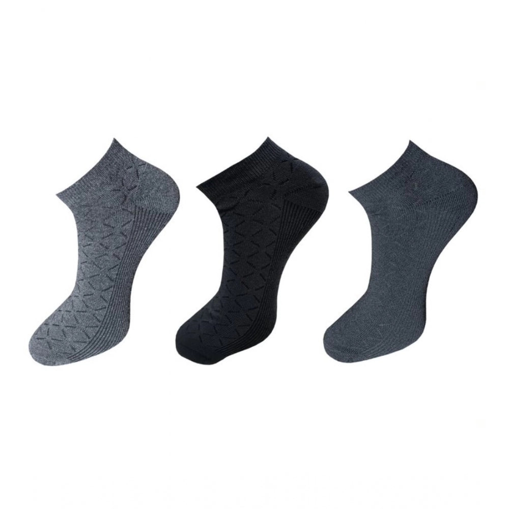 Black patterned cotton ankle socks, 3-pair set, casual, comfortable.