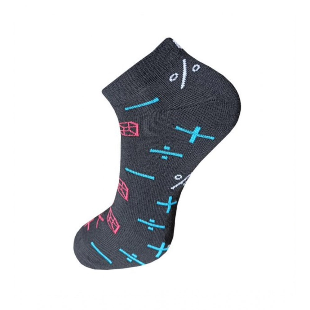 Black cotton ankle socks with multicolor stripes and patterns.