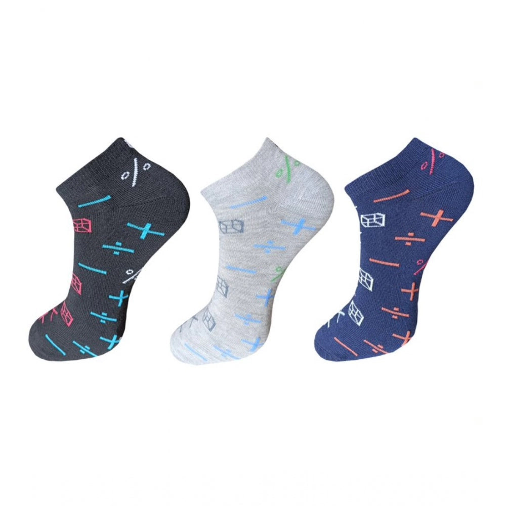 Multicolor printed cotton ankle socks (3 pairs), casual, comfortable fit.