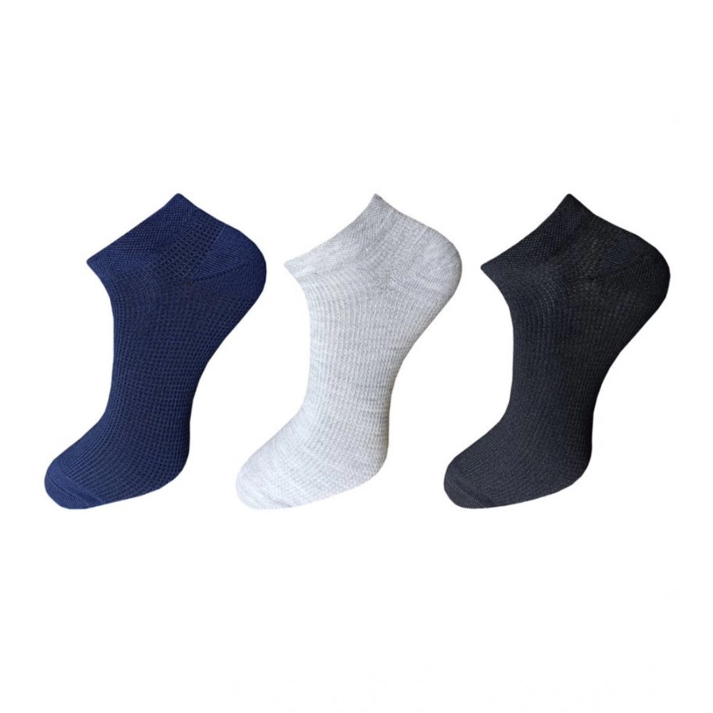 Black and grey cotton ankle socks, 3-pair set, ribbed texture, casual wear.