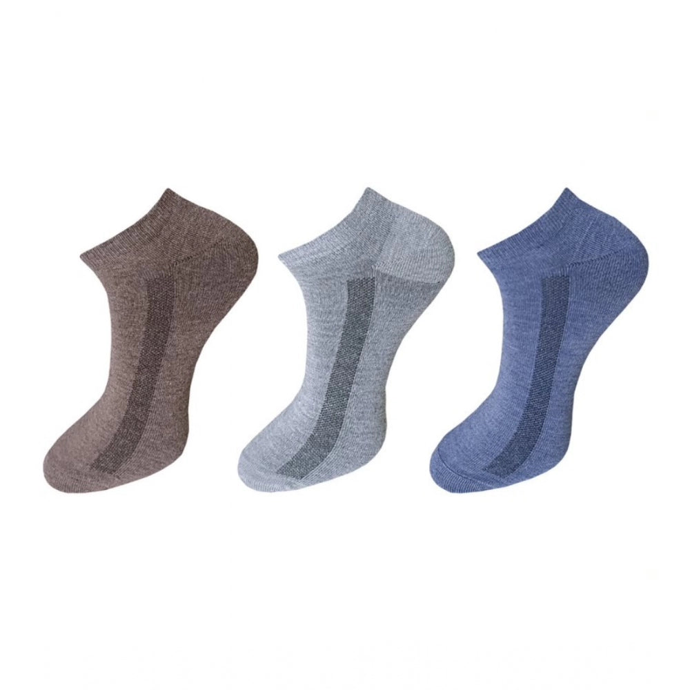 3 pair unisex cotton ankle socks, blue, gray, and brown, solid color, casual.