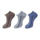 3 pair unisex cotton ankle socks, blue, gray, and brown, solid color, casual.