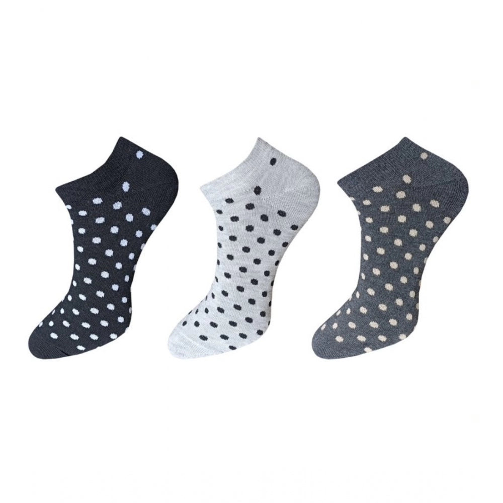 Black and white printed ankle socks, 3-pair set, cotton, casual, dotted design.