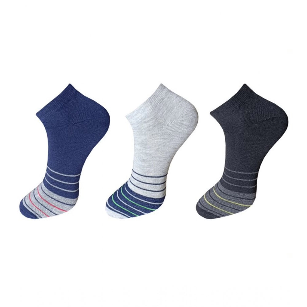 Blue & Grey Striped Cotton Ankle Socks - 3 Pair Set