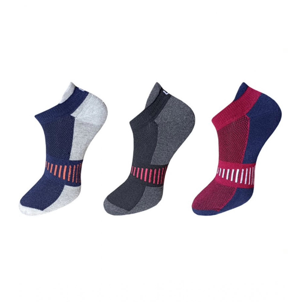 Multicolor striped cotton ankle socks; 3 pairs, casual, comfortable, athletic style.