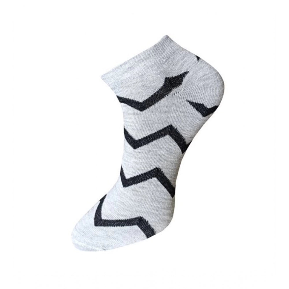 Grey & black zigzag printed cotton ankle socks, 3 pair set.