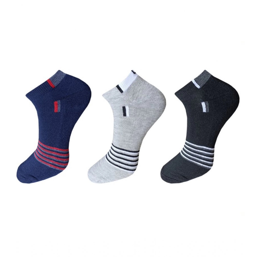 Unisex striped cotton ankle socks (blue, gray, black) 3-pair set.