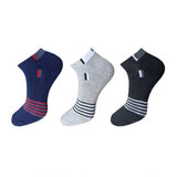 Unisex striped cotton ankle socks (blue, gray, black) 3-pair set.