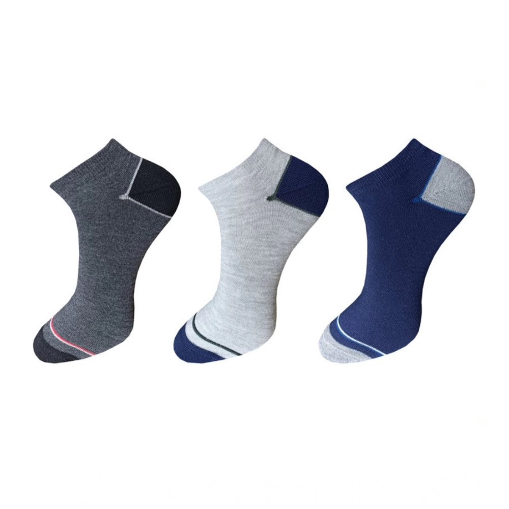 Unisex cotton ankle socks 3-pair set, solid navy, gray, and black with ribbed details.