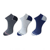 Unisex cotton ankle socks 3-pair set, solid navy, gray, and black with ribbed details.